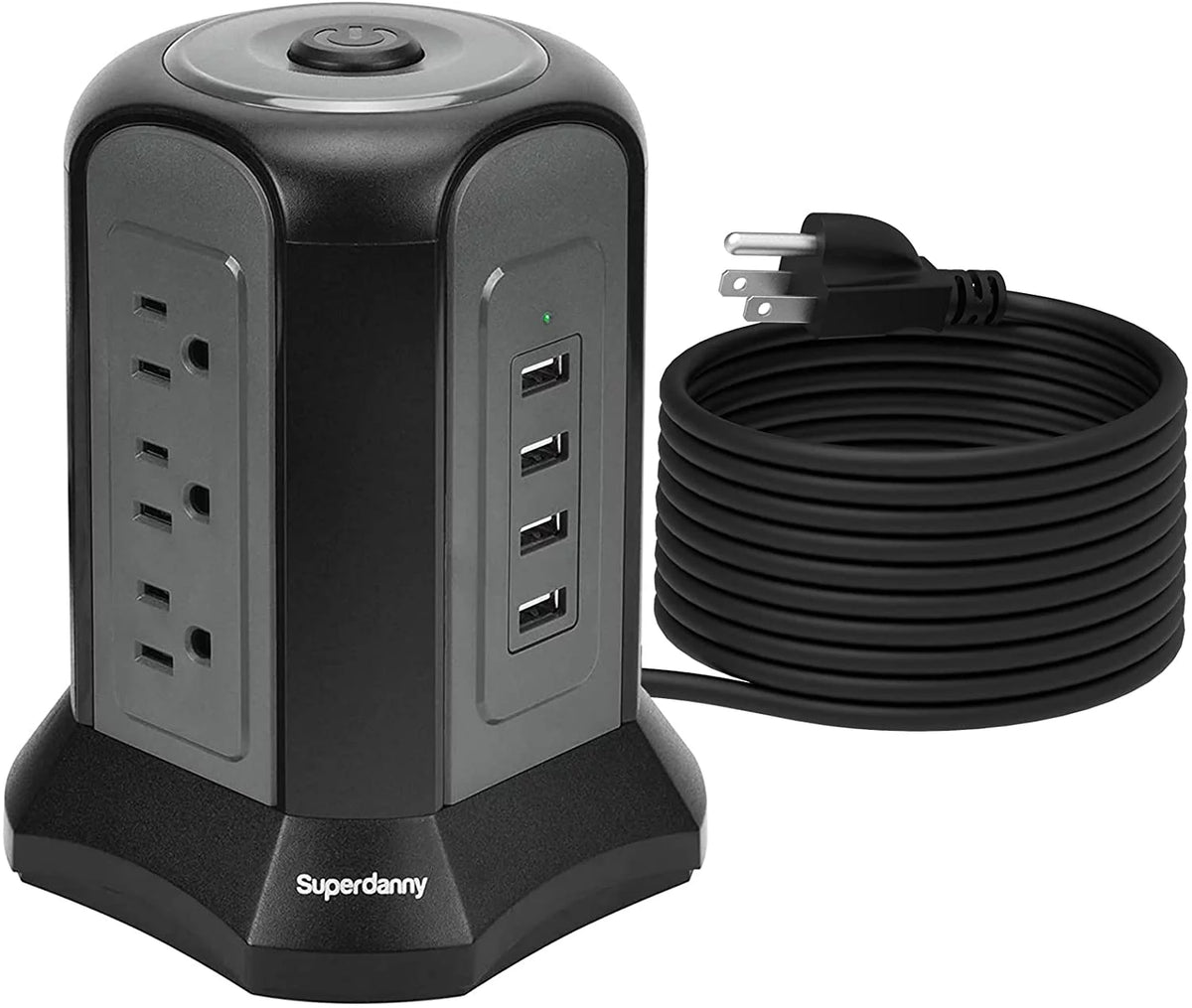 Black Surge Protector Power Strip Tower 9 Outlets 4 USB Port 10 ft Extension Cord T961936
