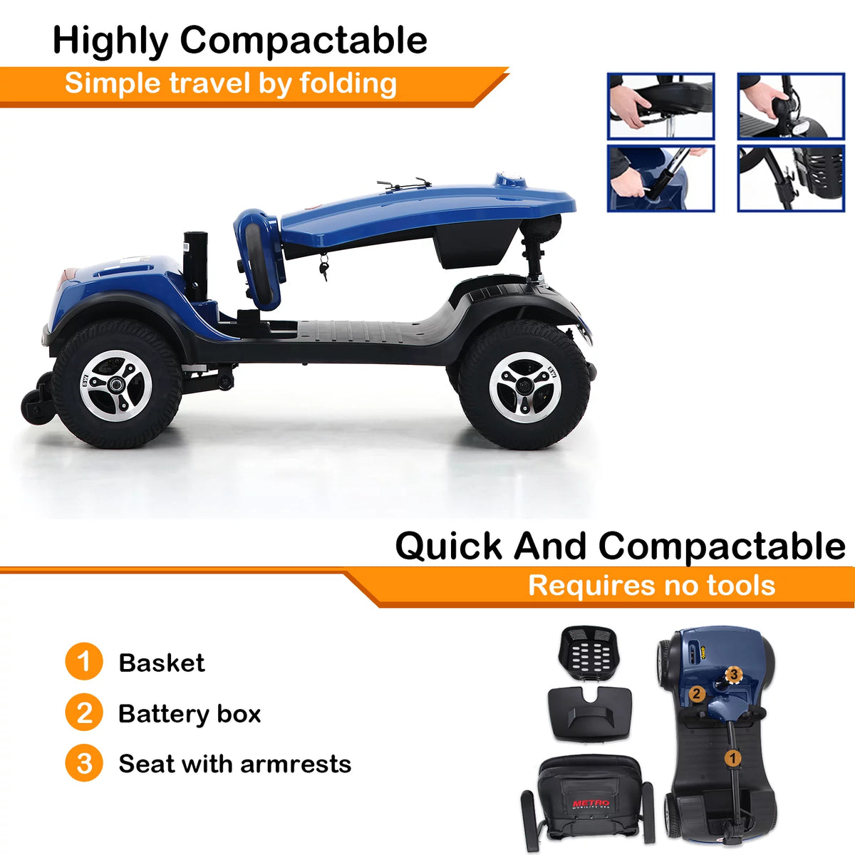 4 Wheels Foldable Mobility Scooter with LED Light and USB Port Red E870