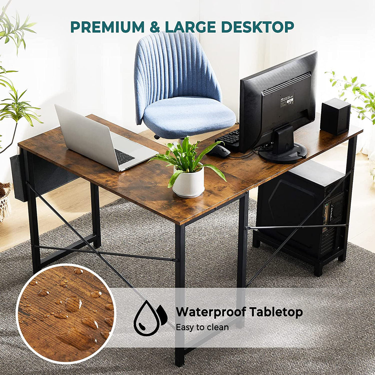 L Shaped 49 Inch Computer Desk with Storage Bag CPU Stand Rustic Brown B4109