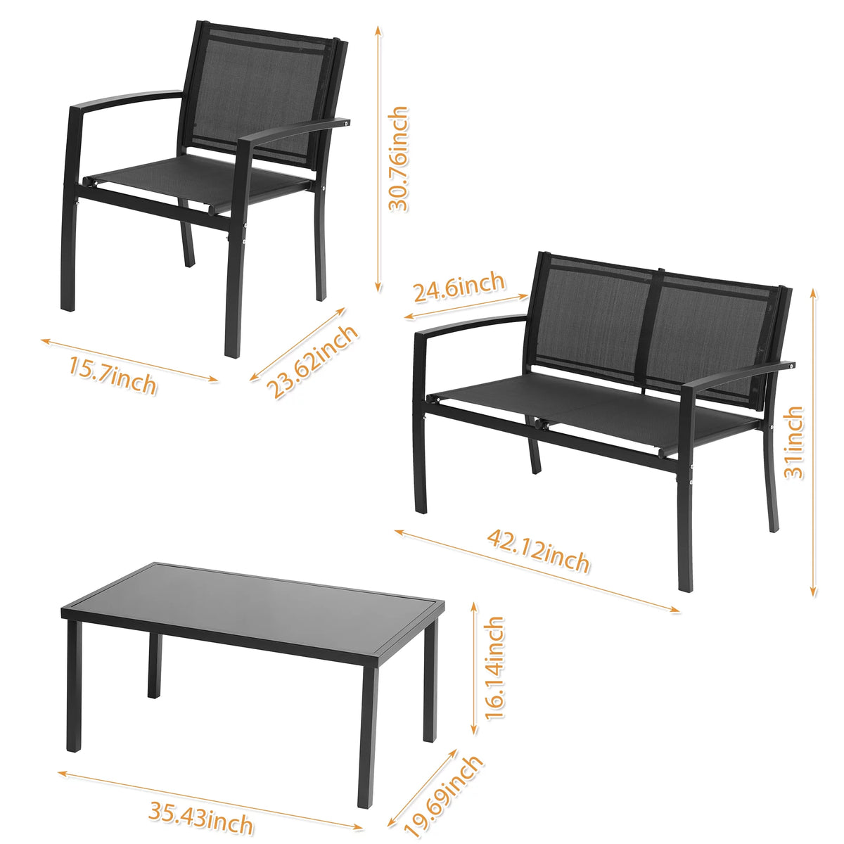 4 Pieces Patio Furniture Set with Glass Coffee Table Black S7456