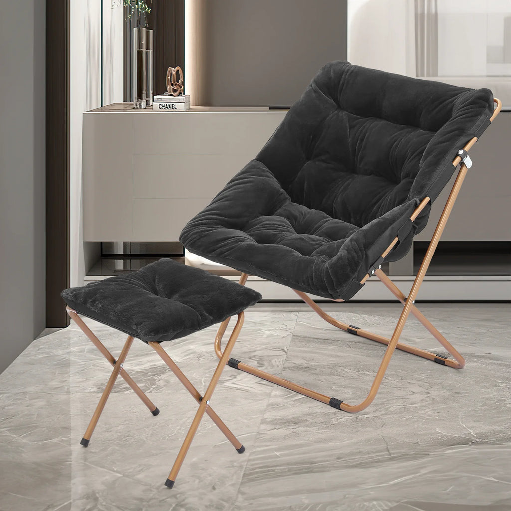 Black Faux Fur Folding Saucer Chair and Ottoman Set of 2 M492