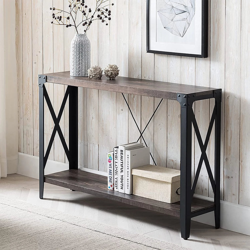 46 Inch 2-Tier Dark Rustic Oak Console Table L348112