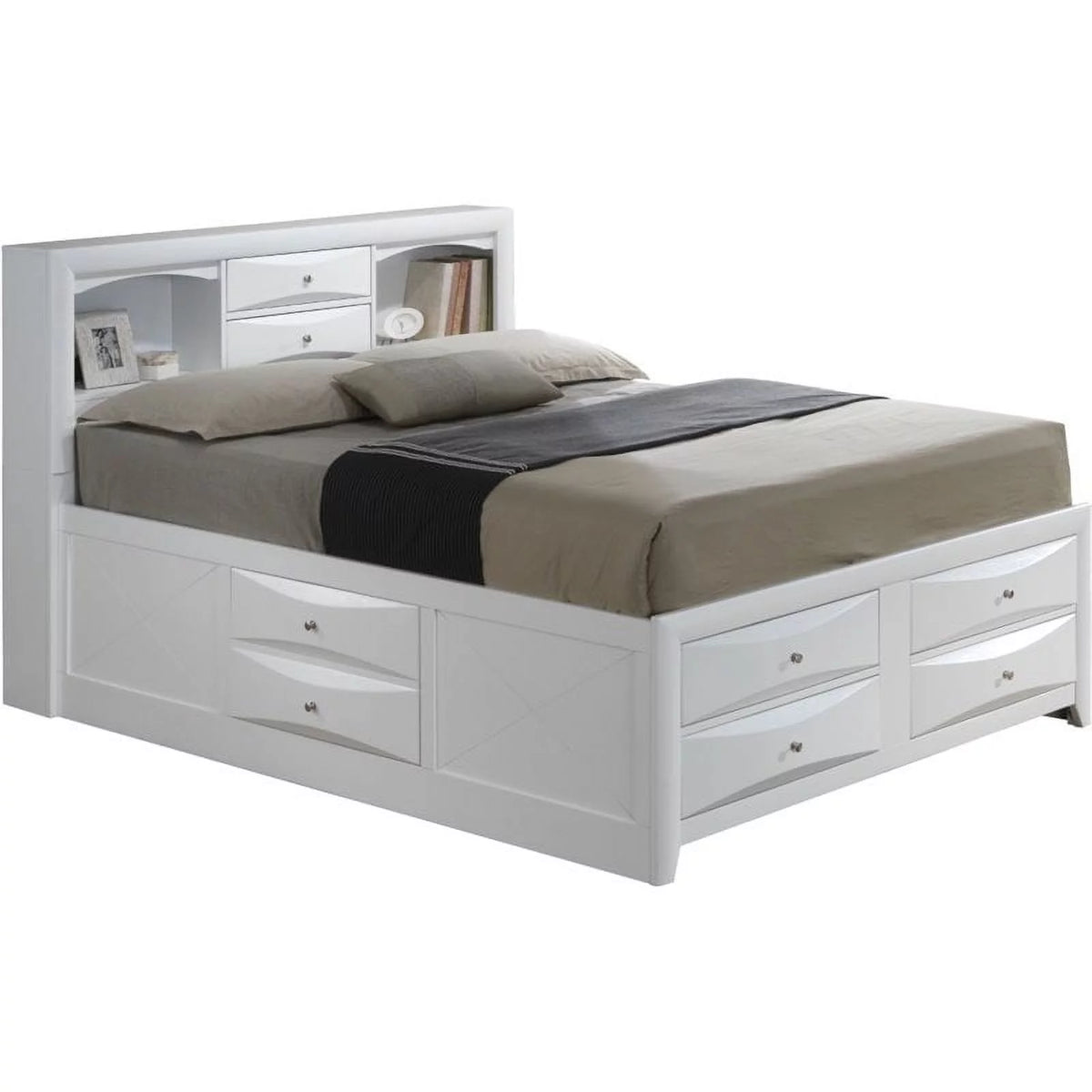 White Wood Full Bookcase Storage Bed with Shelves & Drawers O4577