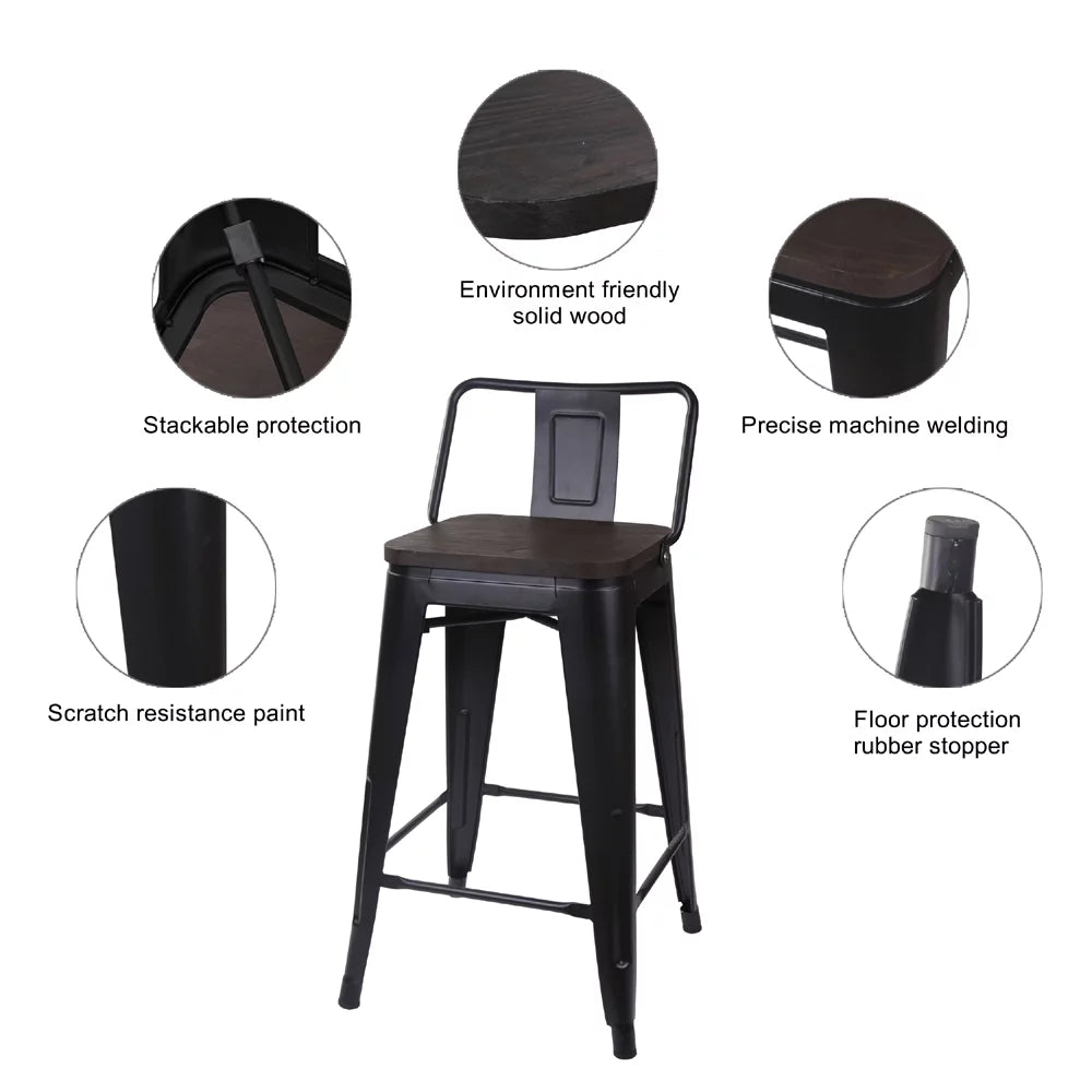 Black 24 inch Low Back Metal Barstool with Dark Wood Seat, Set of 6 K87271