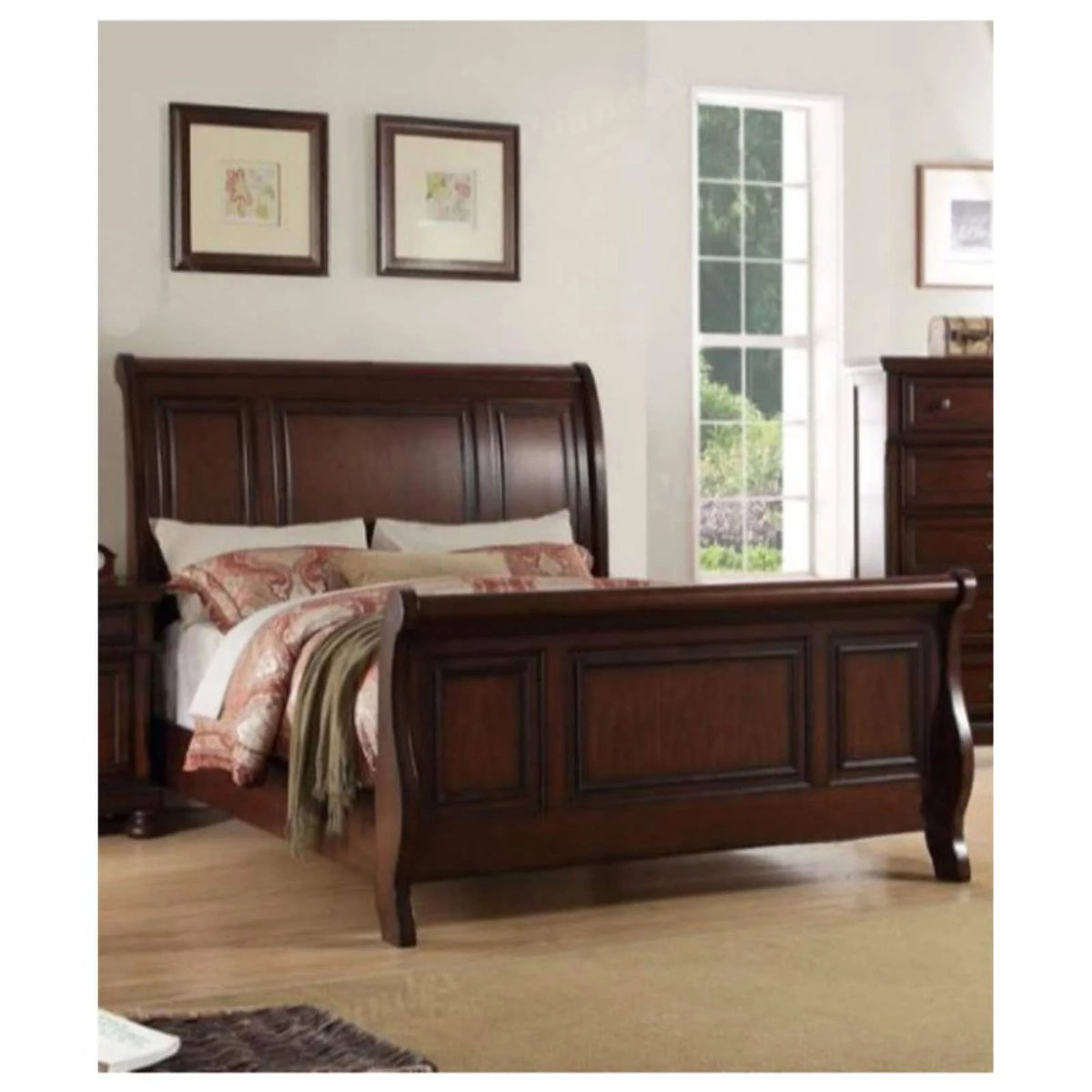 Wooden Queen Bed Antique Cherry Finish T134