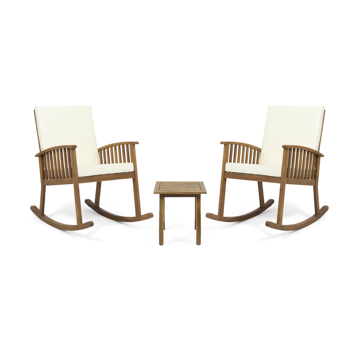 Brown and Cream Acacia Wood 2 Seater Rocking Chairs and Side Table Set T3702
