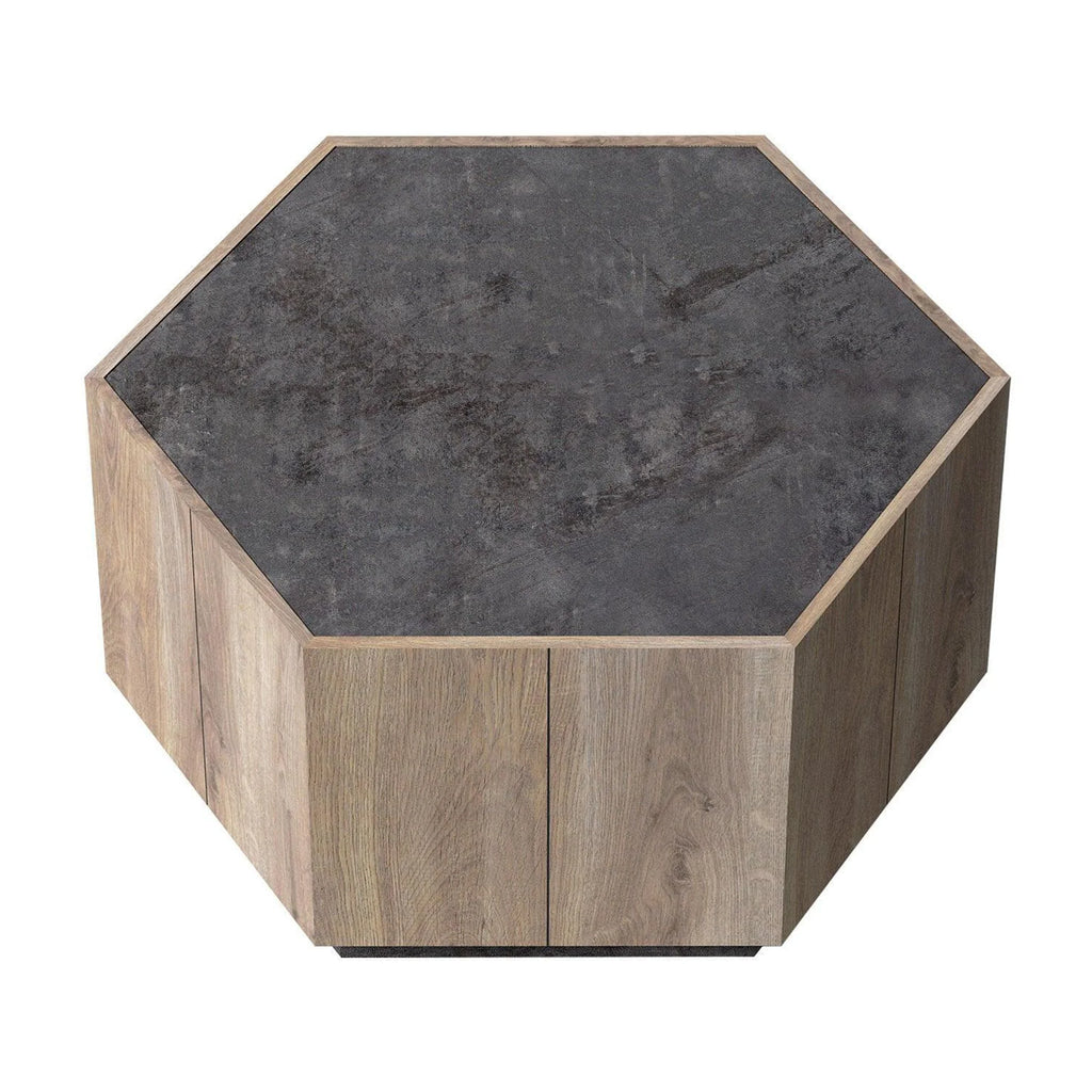 Hexagonal Coffee Table with 2 Drawers, Textured Black Warm Oak G8604
