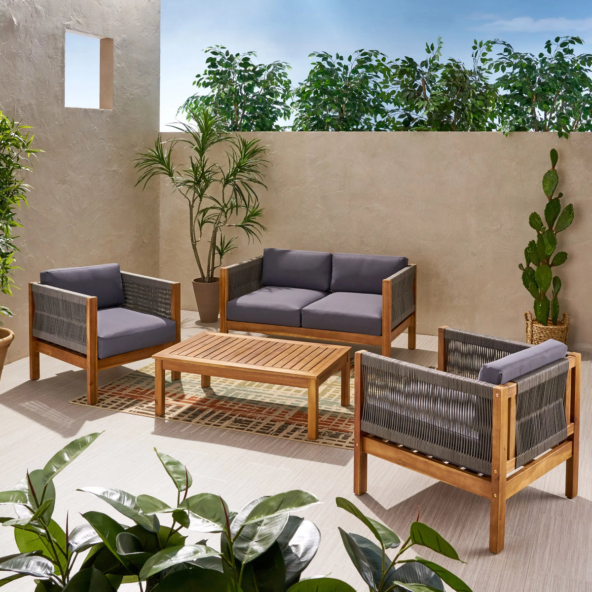 Acacia Wood and Rope 4 Seater Chat Set with Cushions F77861