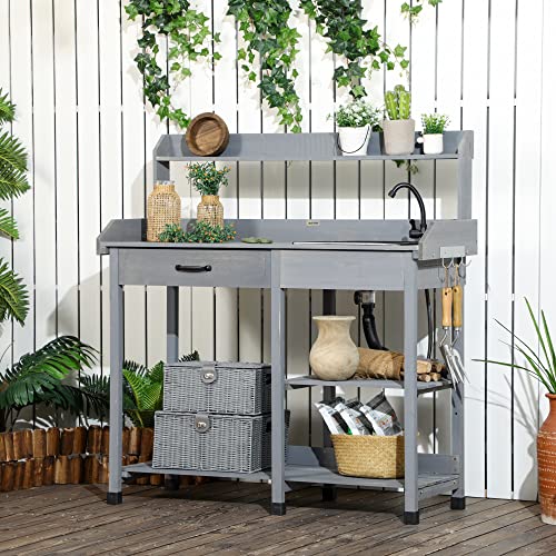 Wooden Potting Bench Table with Sink and Drawer C3863