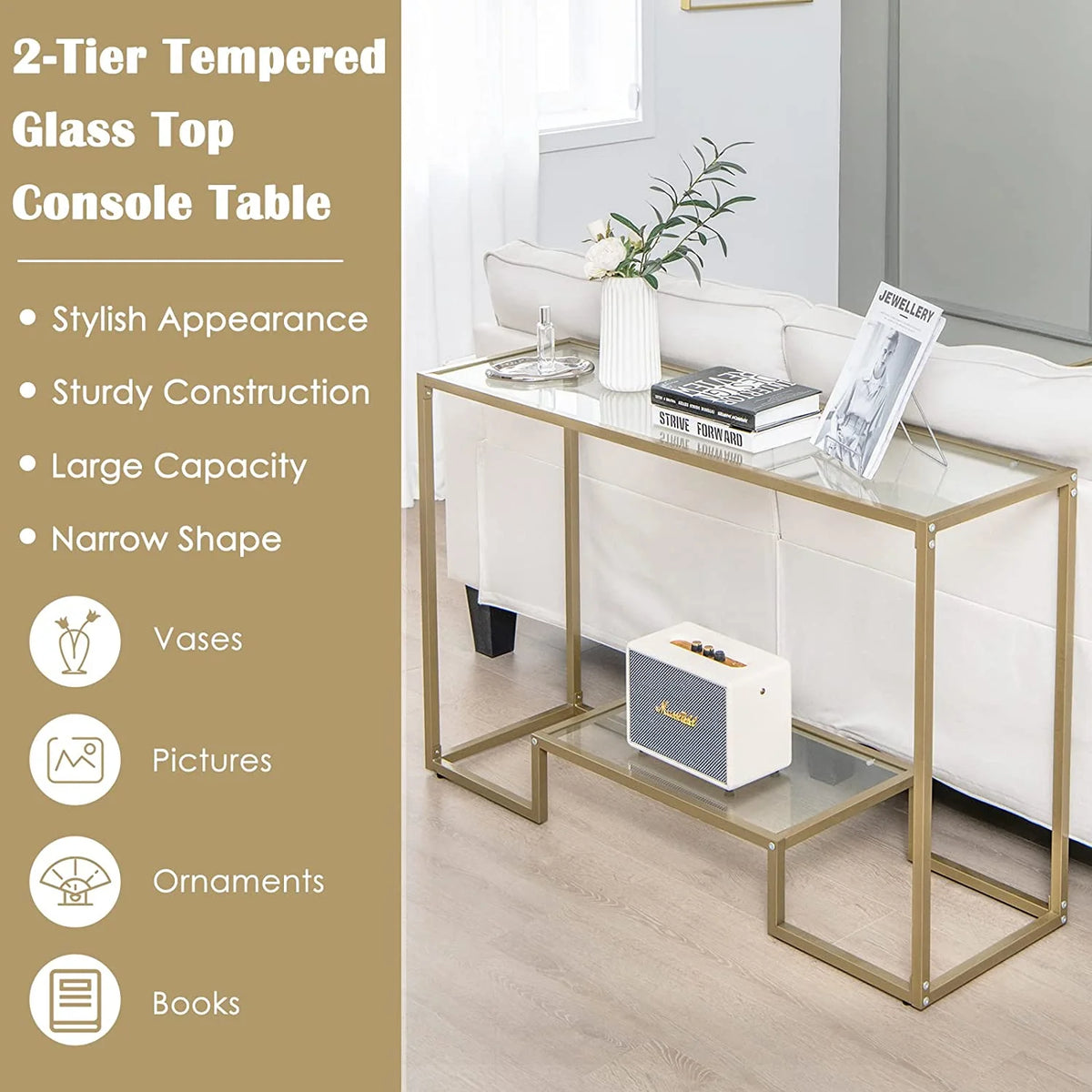 48” 2-Tier Console Table with Tempered Glass Tabletop & Golden Metal Frame X383