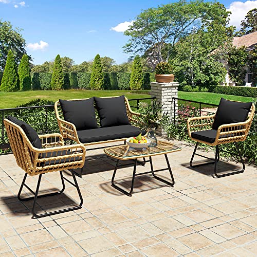 4-Piece Wicker Patio Bistro Set with Cushions and Metal Table N93614
