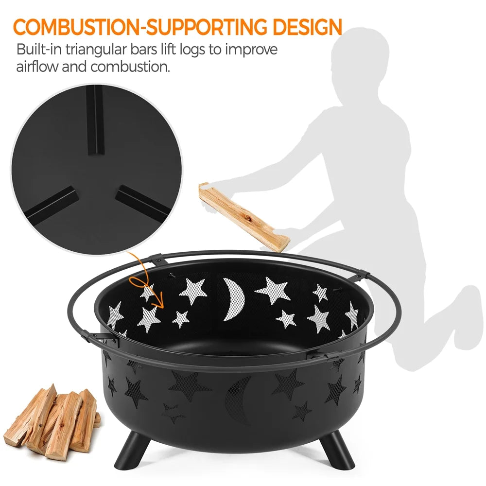Black Iron Fire Pit with Poker Mesh Cover X9327