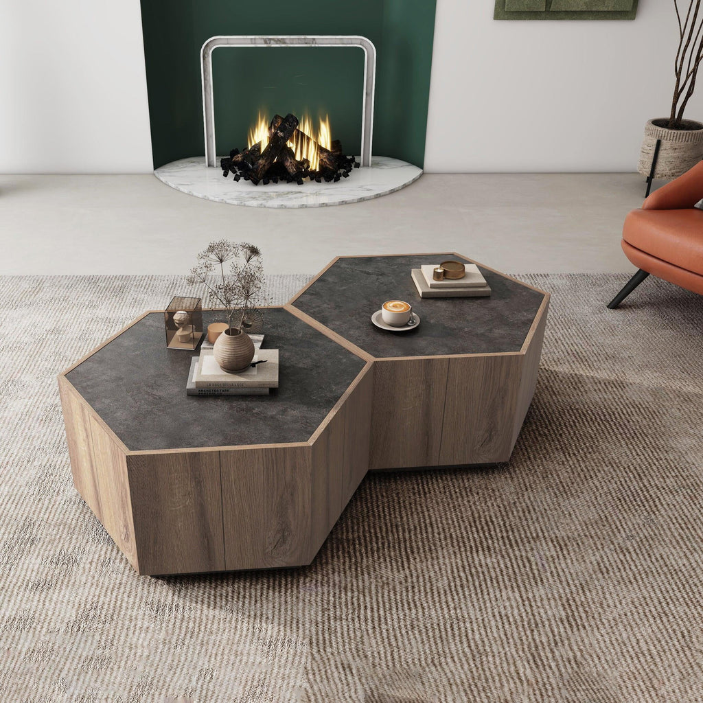 Hexagonal Coffee Table with 2 Drawers, Textured Black Warm Oak G8604