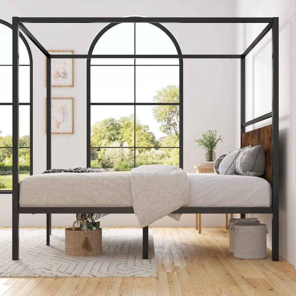 Queen Size Metal Canopy Bed Frame with Wooden Headboard L21135