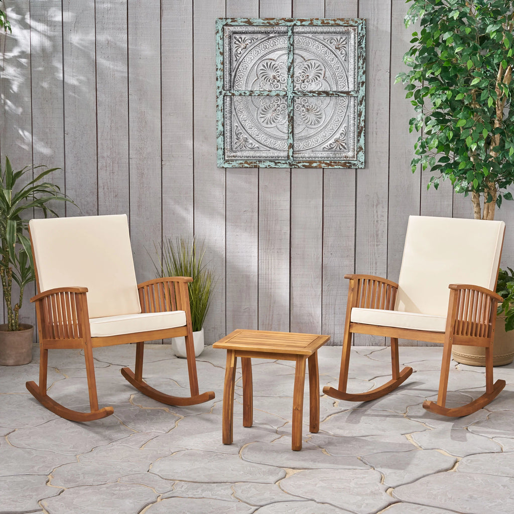 Brown and Cream Acacia Wood 2 Seater Rocking Chairs and Side Table Set T3702