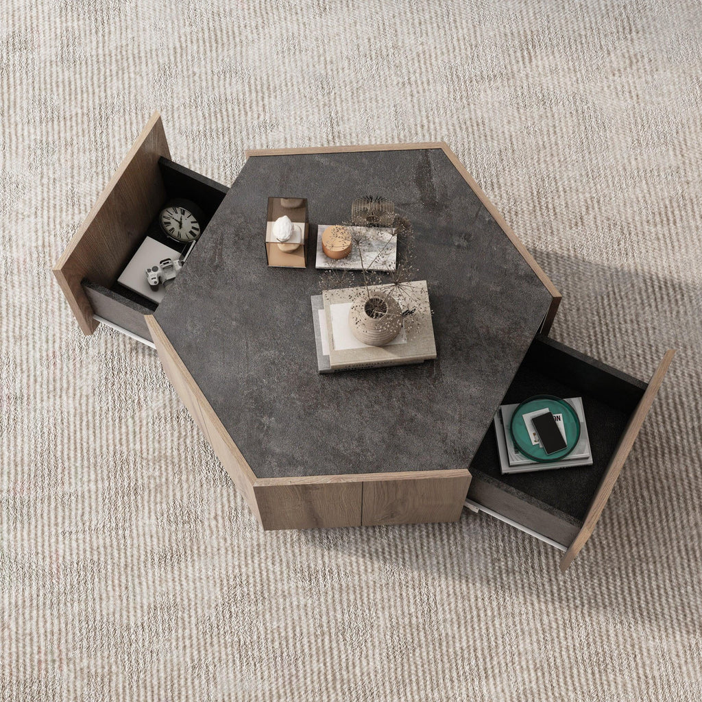 Hexagonal Coffee Table with 2 Drawers, Textured Black Warm Oak G8604