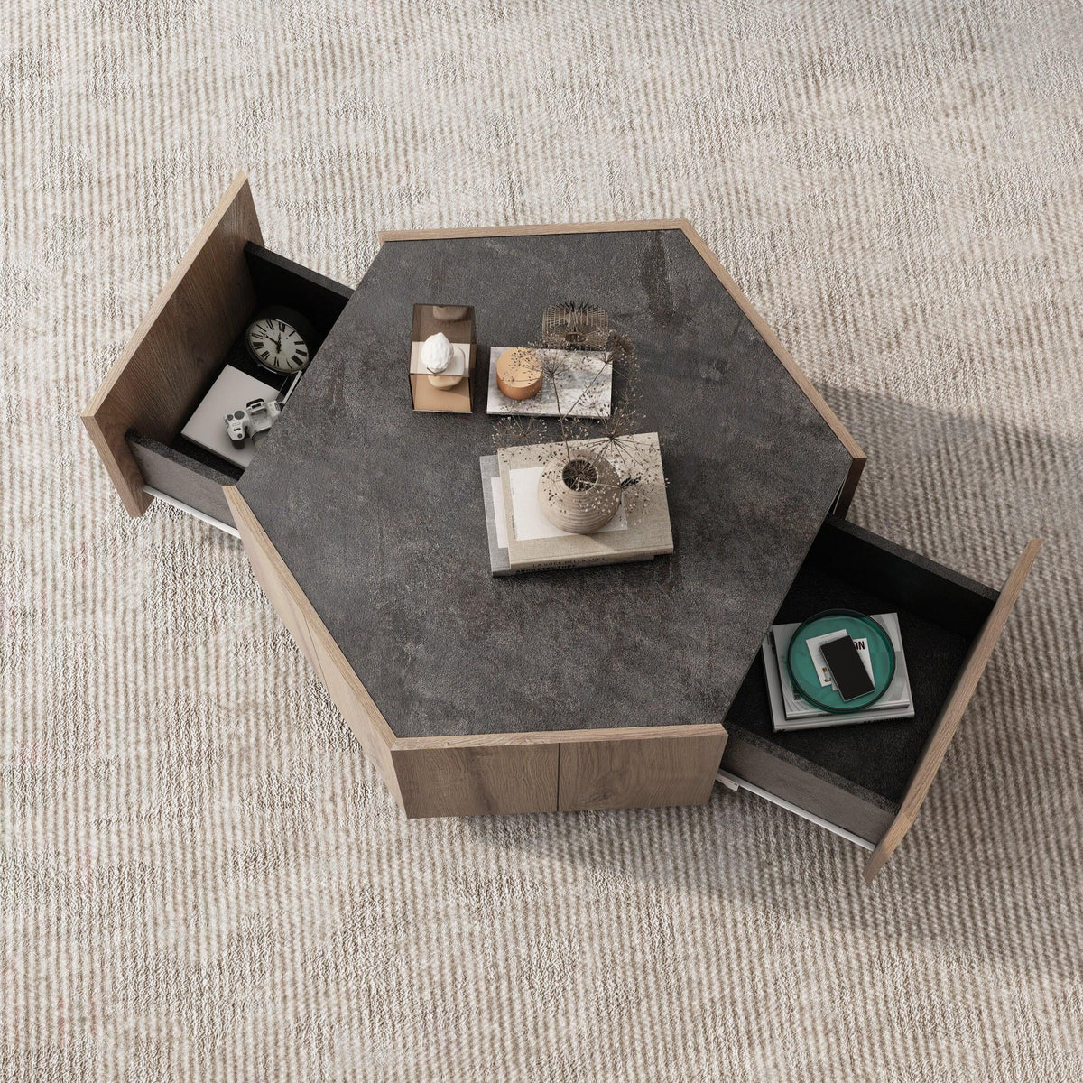 Hexagonal Coffee Table with 2 Drawers, Textured Black Warm Oak G8604