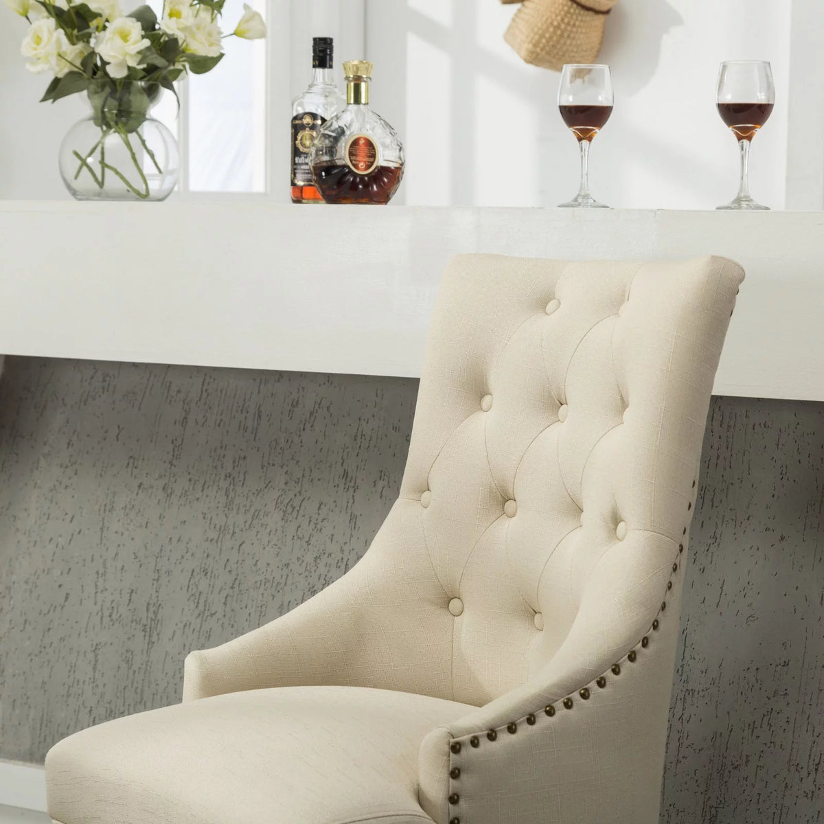 Tan Button Tufted Solid Wood Wingback Chairs Set of 2 E32048