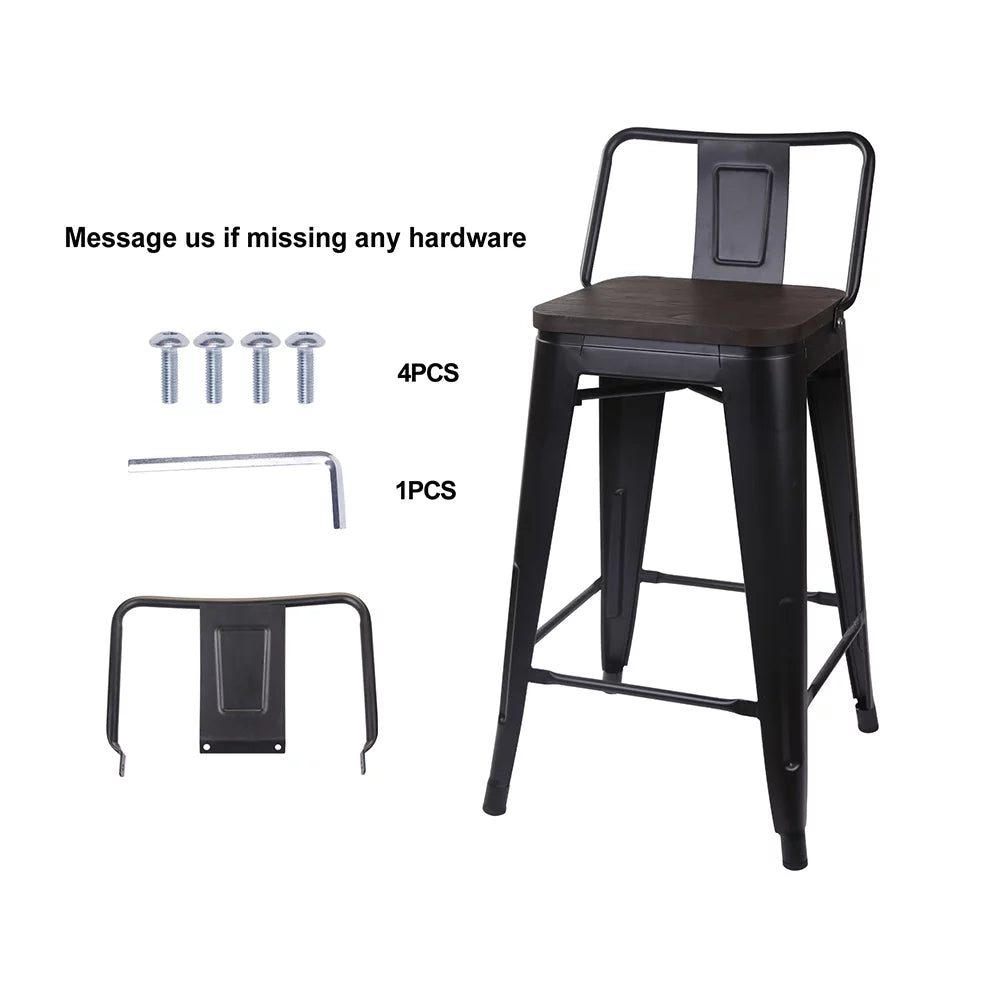 Black 24 inch Low Back Metal Barstool with Dark Wood Seat, Set of 6 K87271