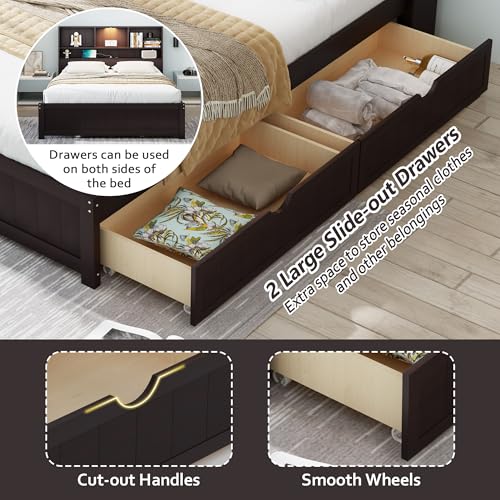 White Wood Twin Bed Frame with Bookcase Headboard and Storage Drawers Q14835