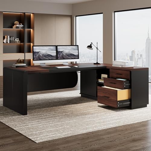 80'' L-Shaped Desk with Drawers Cabinet and Storage Shelves R81731