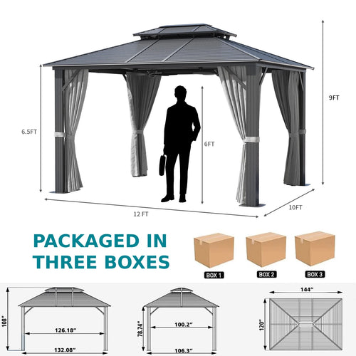 10 ft. x 12 ft. Gray Hardtop Gazebo with Curtain and Netting A8696