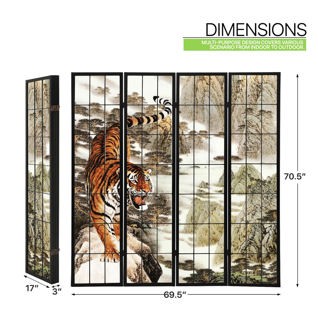 Black 4 Panel Tiger Pattern Wooden Room Divider O31737