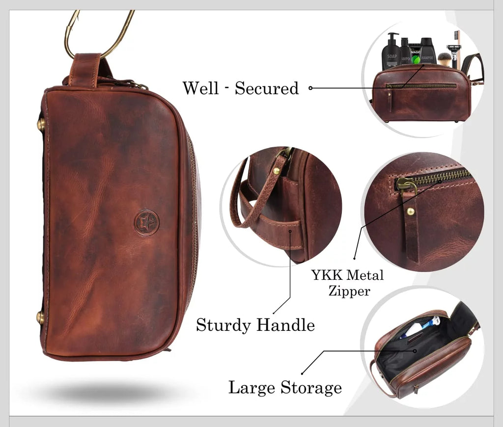 Genuine Leather 10" Toiletry Travel Pouch with Waterproof Lining K10953