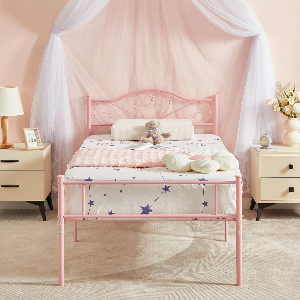 Set of 2 Twin Size White Metal Platform Bed Frame with Headboard O658035