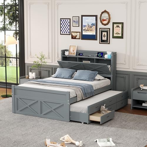 White Wood Twin Bed Frame with Bookcase Headboard and Storage Drawers Q14835