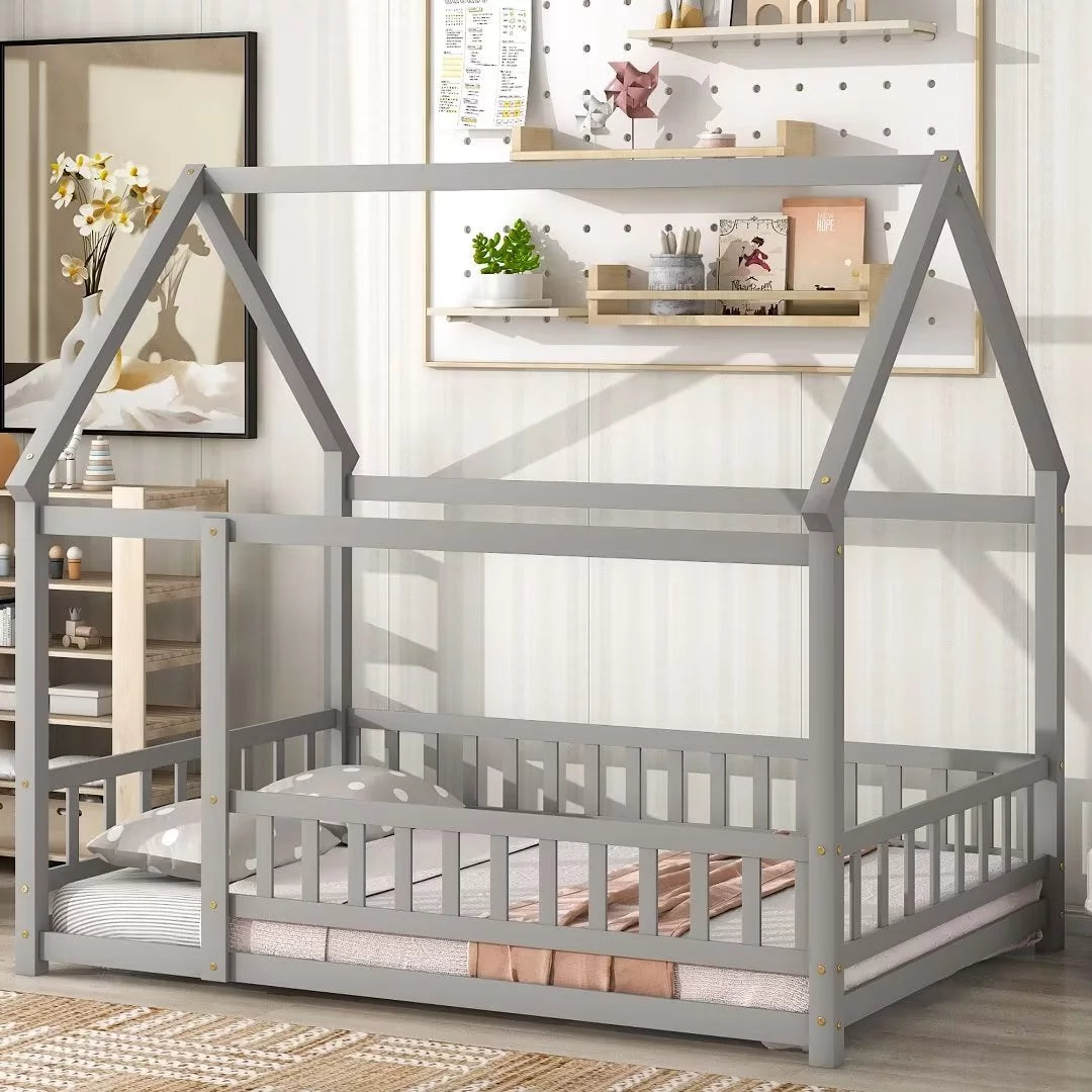 White Full Size Floor Bed with Fence Guardrails and Roof L95619