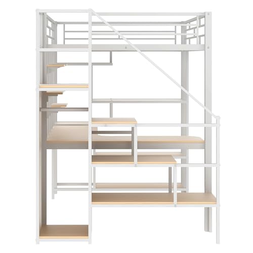 Full Size Black Metal Loft Bed with Desk, Wardrobe and Storage Stairs D915102