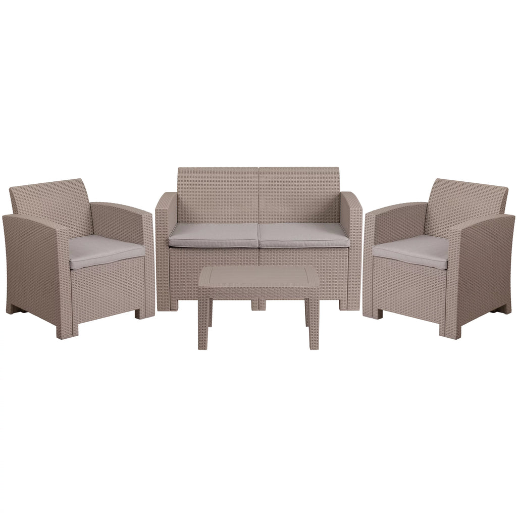 Light Gray Faux Rattan 4 Piece Patio Furniture Set with Cushions and Table W786784