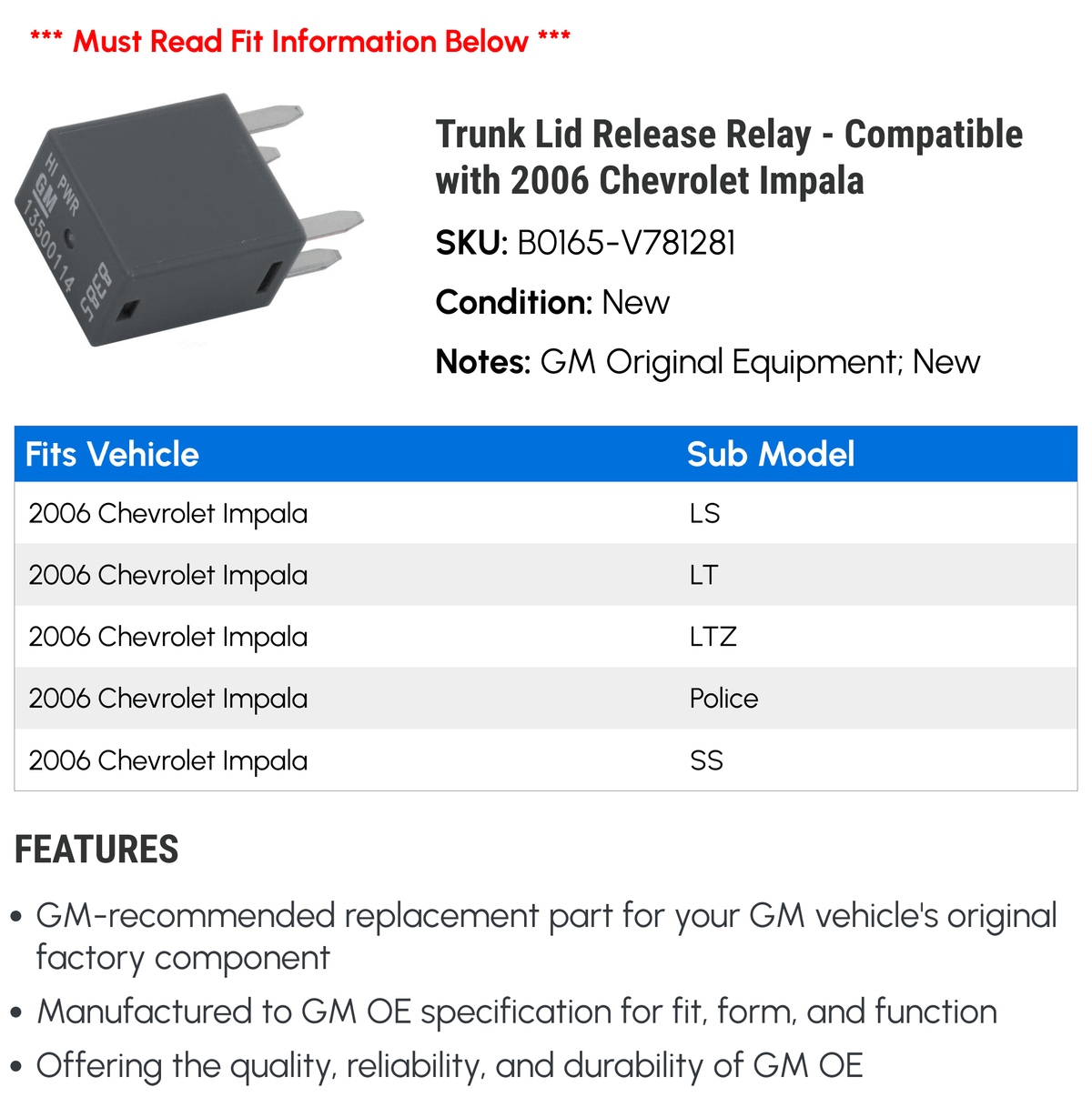 Trunk Lid Release Relay I190