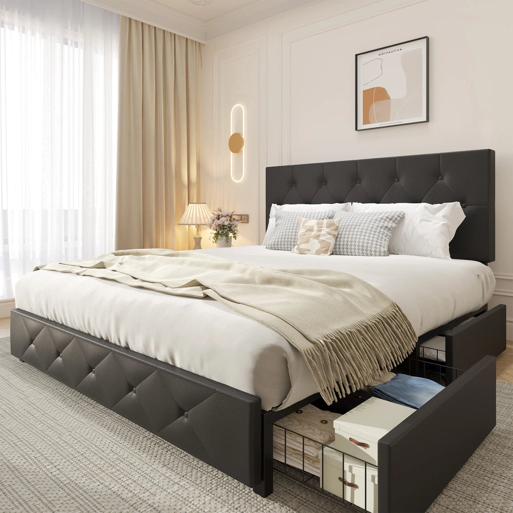 Queen Size Upholstered Storage Bed Frame with 4 Drawers C390907