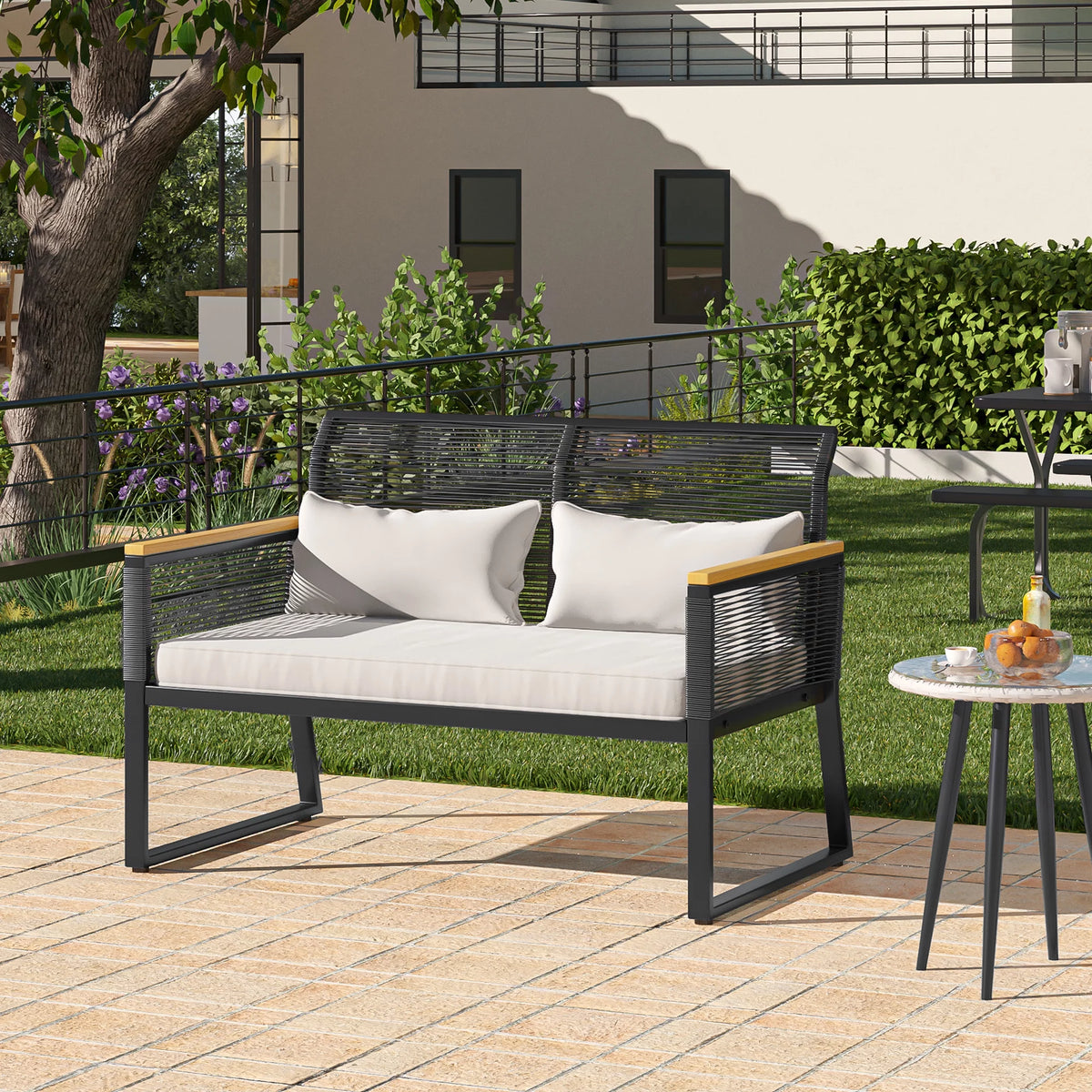 Black Wicker Outdoor Loveseat with Cushion U76069