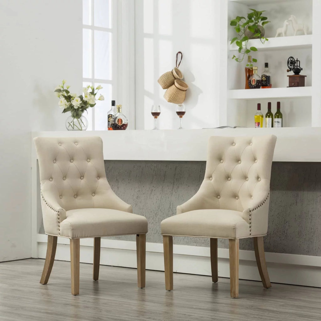 Tan Button Tufted Solid Wood Wingback Chairs Set of 2 E32048