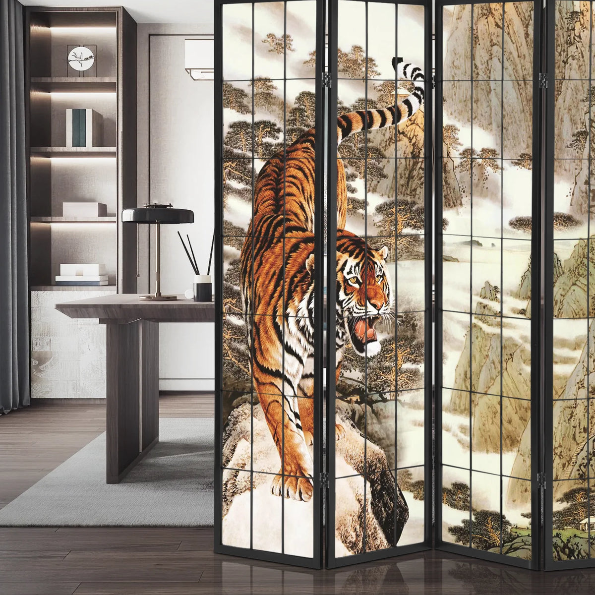 Black 4 Panel Tiger Pattern Wooden Room Divider O31737