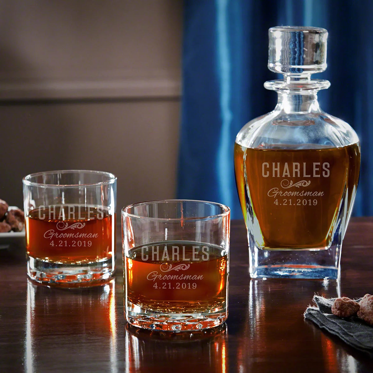 Engraved Whiskey Decanter and Glasses Set R575573