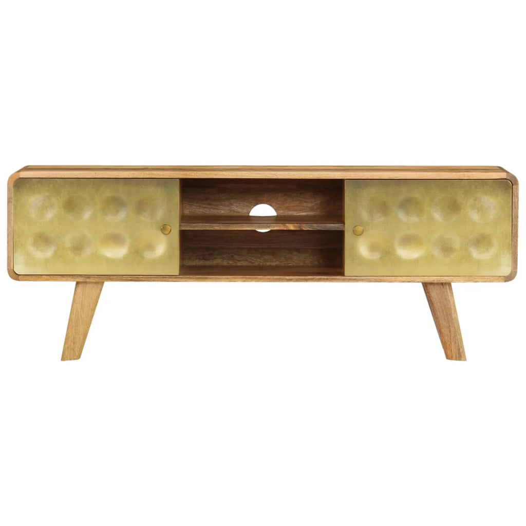 Mango Wood TV Stand with 2 Doors and Storage Shelves K599553