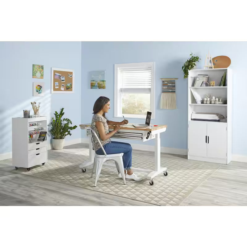 White Steel 2-Drawer Adjustable Height Workbench Table Y56754