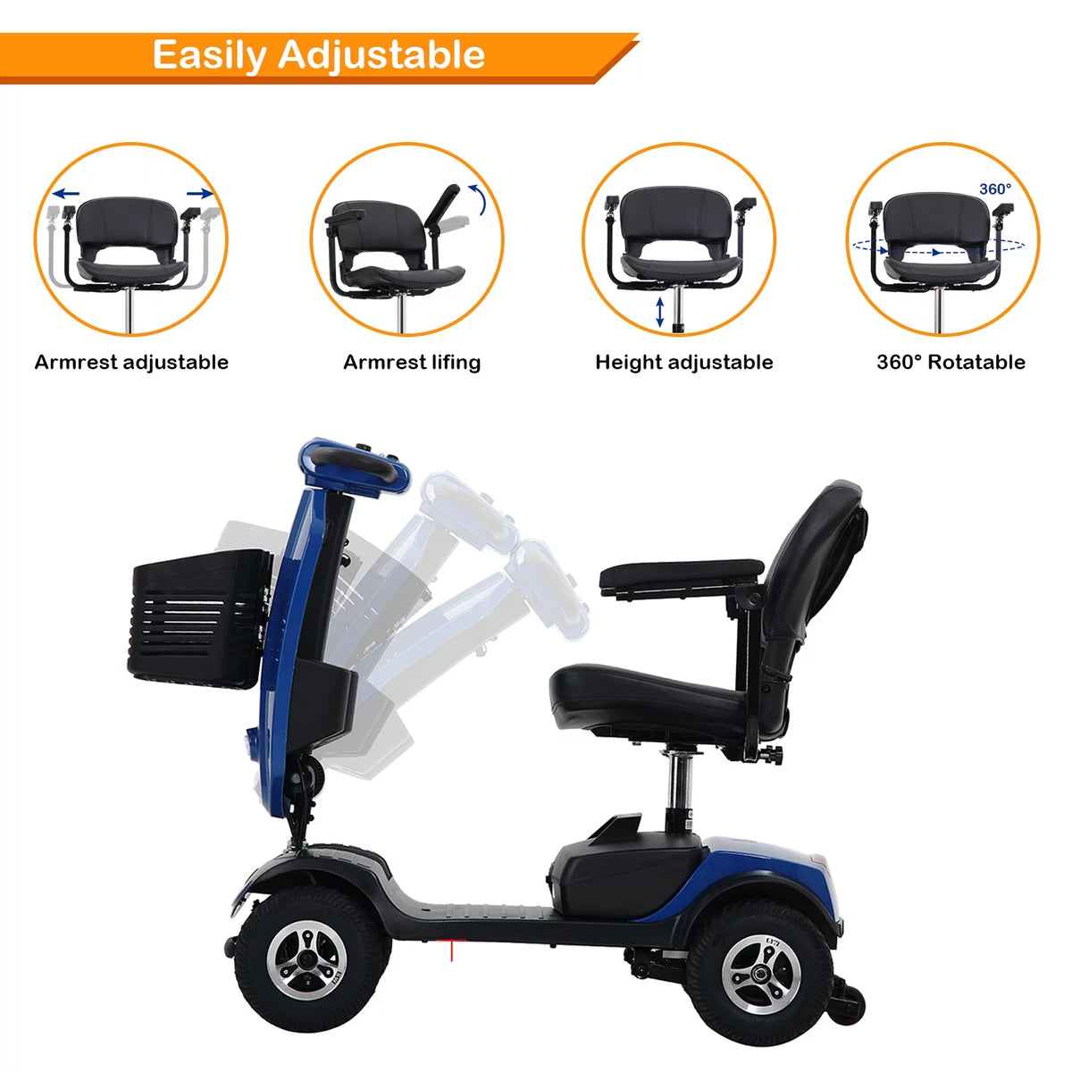4 Wheels Foldable Mobility Scooter with LED Light and USB Port Red E870
