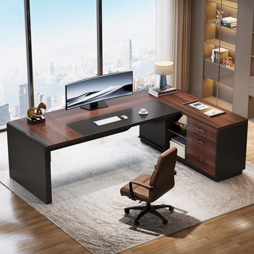 80'' L-Shaped Desk with Drawers Cabinet and Storage Shelves R81731