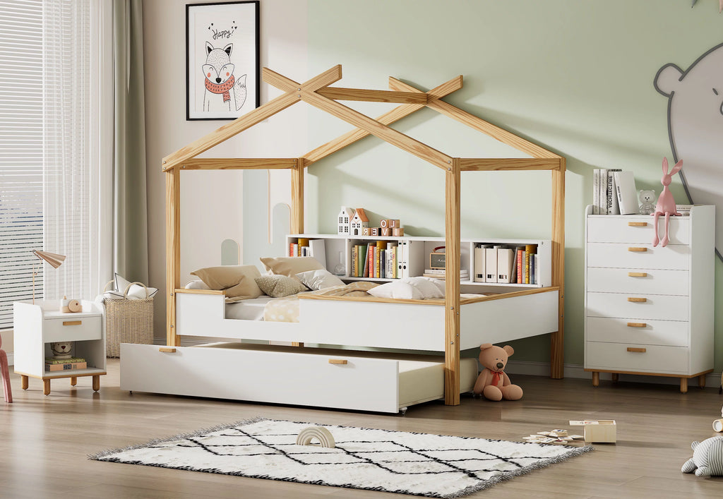 White Full Size Wooden House Bed with Trundle and 6-Drawer Chest L261517