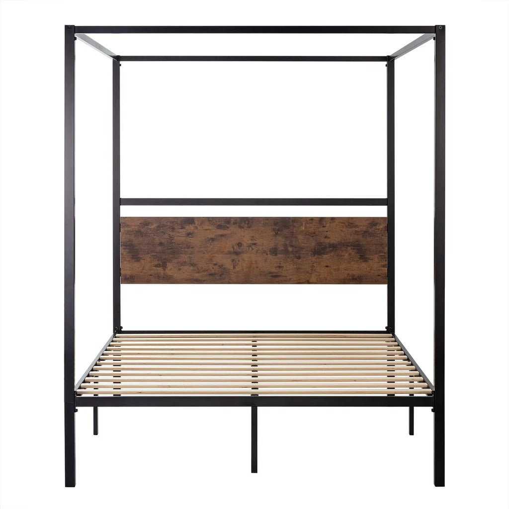 Queen Size Metal Canopy Bed Frame with Wooden Headboard L21135