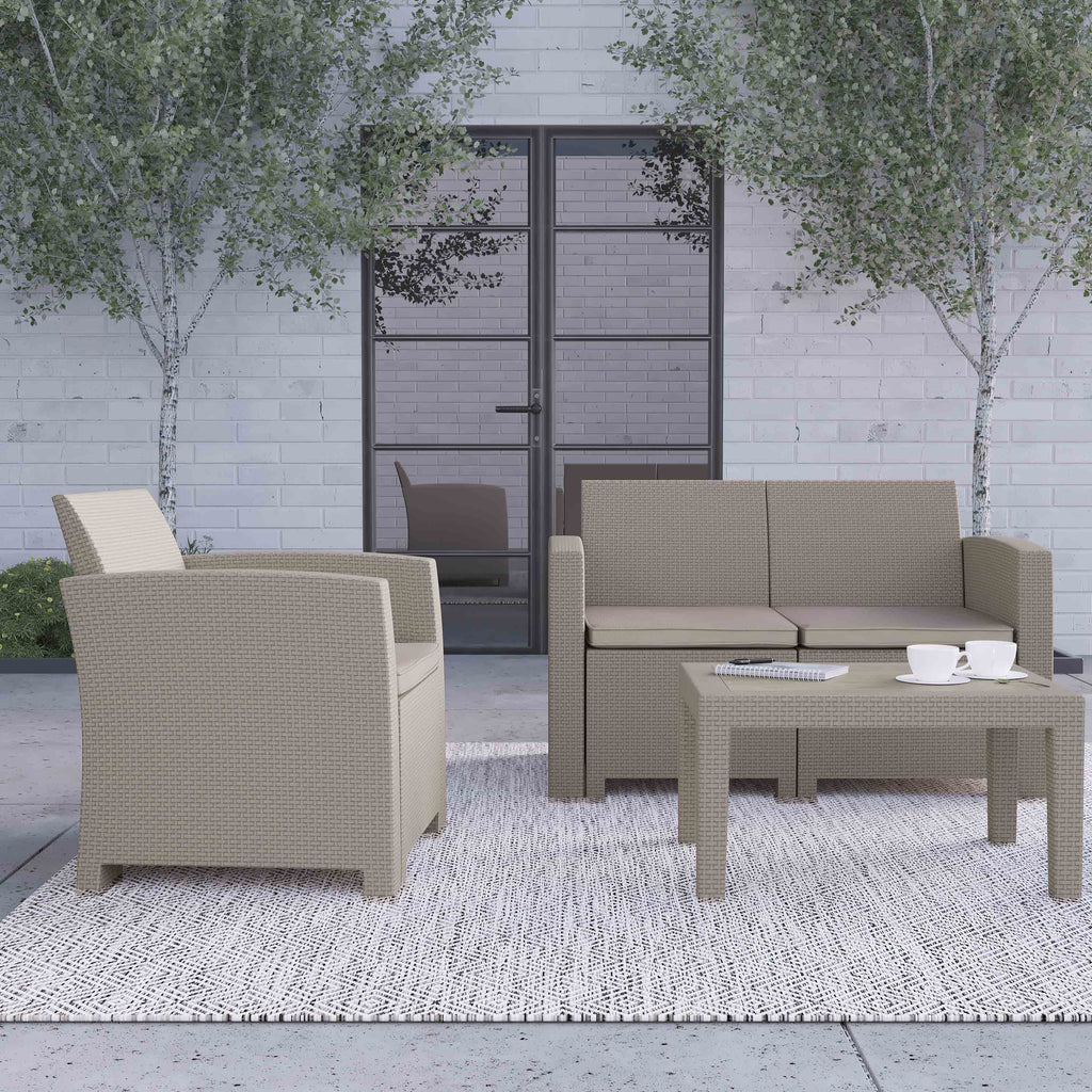 Light Gray Faux Rattan 4 Piece Patio Furniture Set with Cushions and Table W786784