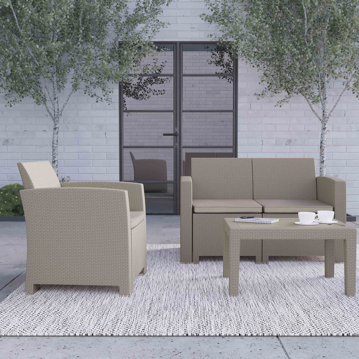Light Gray Faux Rattan 4 Piece Patio Furniture Set with Cushions and Table W786784
