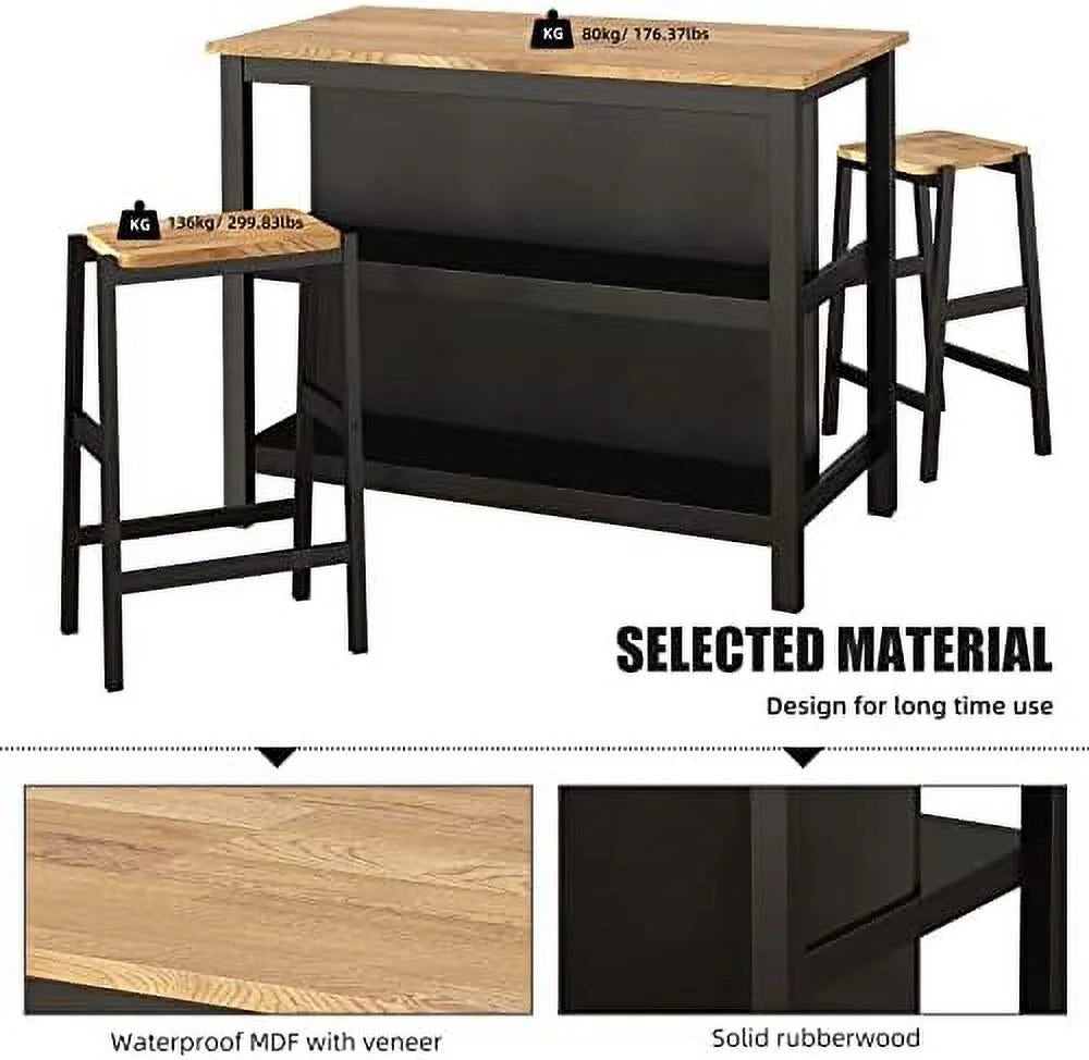 3 Piece Black Wood Dining Table Set with 2 Stools Y48484