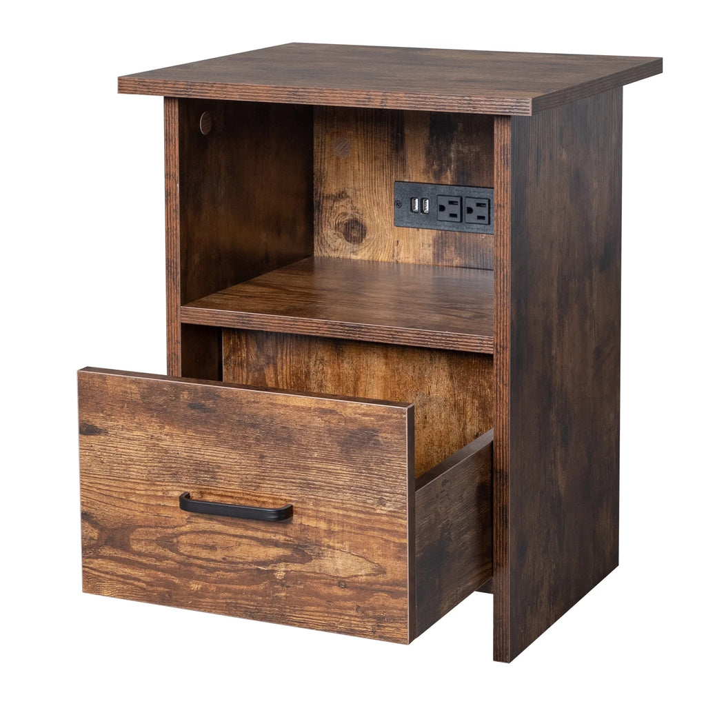 Vintage Nightstand with Charging Station, Industrial Bedside Cabinet D376