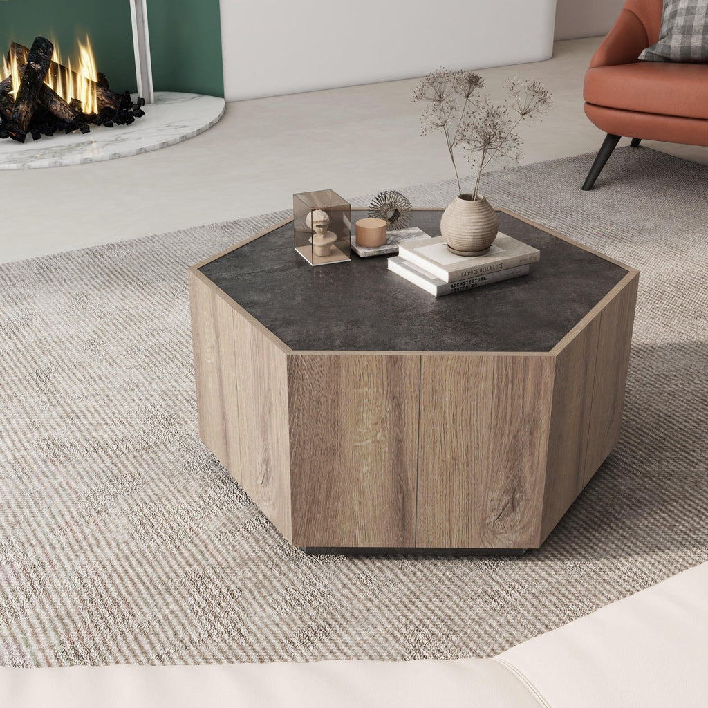 Hexagonal Coffee Table with 2 Drawers, Textured Black Warm Oak G8604